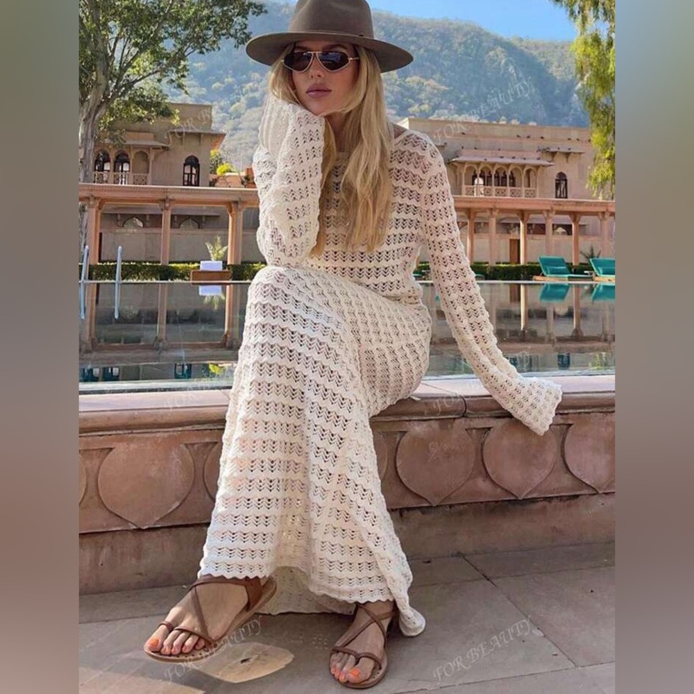 12th Tribe Pointelle Knit / White Crochet Maxi Dress